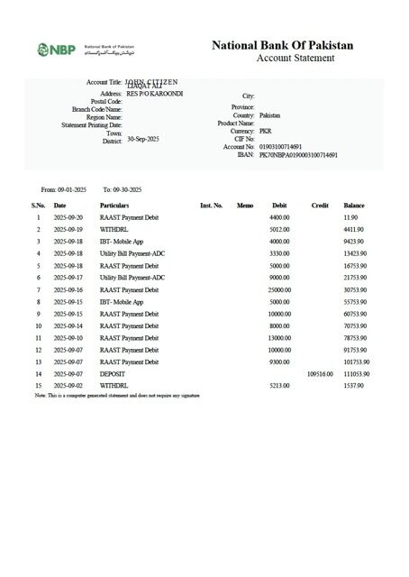Pakistan National Bank of Pakistan account statement Word and PDF template