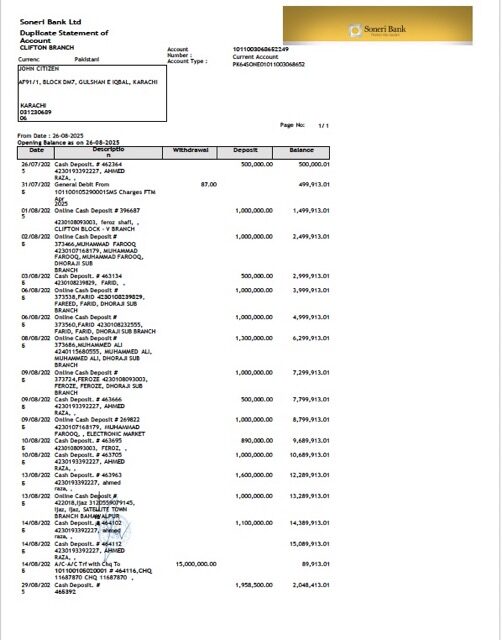 Pakistan Soneri Bank statement of account Word and PDF template