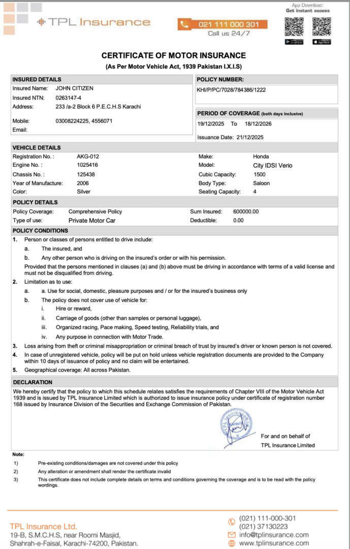 Pakistan TPL Insurance certificate of motor insurance Word and PDF template