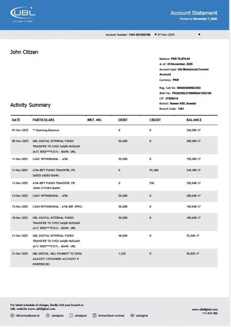 Pakistan United Bank Limited account statement Word and PDF template