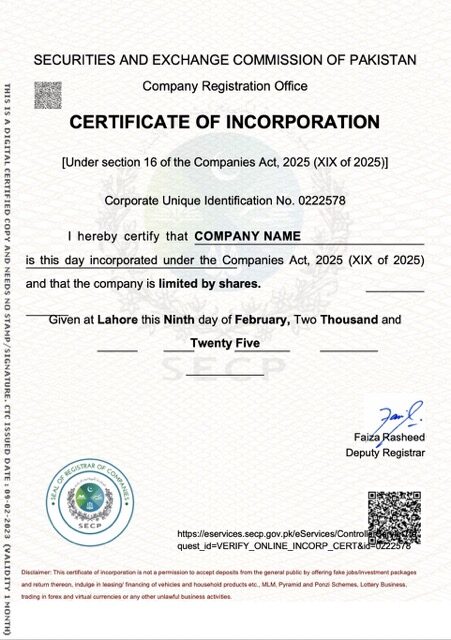 Pakistan certificate of incorporation Word and PDF template