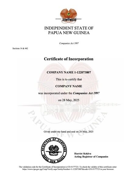 Papua New Guinea certificate of incorporation Word and PDF template