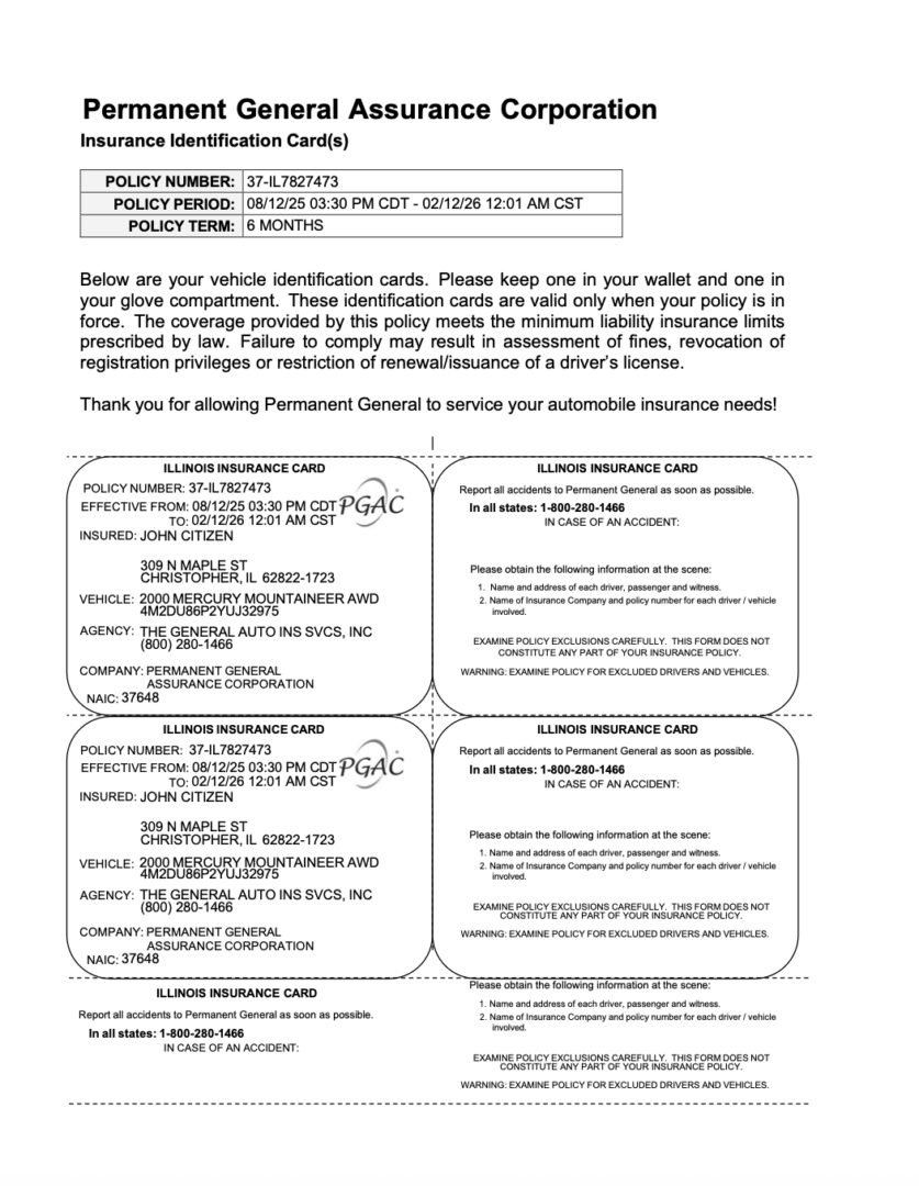 Permanent General Assurance Corporation Illinois insurance card Word and PDF template