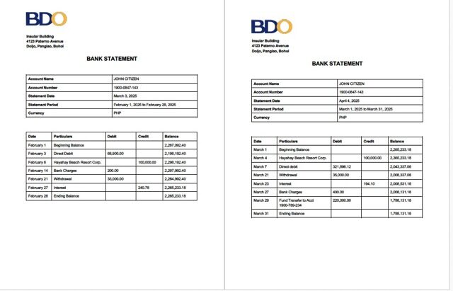 Philippines BDO Bank account statement Word and PDF template, 2 pages