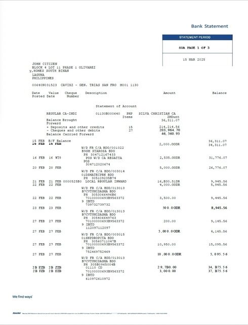 Philippines Bancnet bank statement Word and PDF template