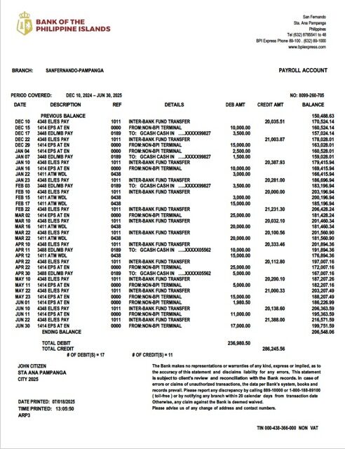 Philippines Bank of the Philippine Islands account statement Word and PDF template