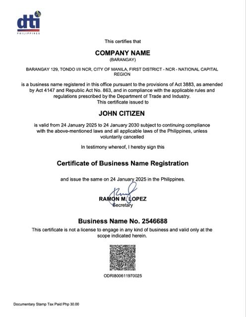 Philippines Barangay certificate of business name registration Word and PDF template