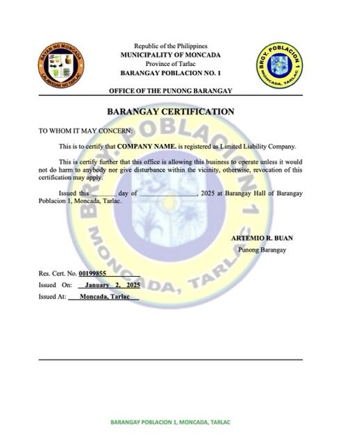 Philippines Barangay certification of registration Word and PDF template
