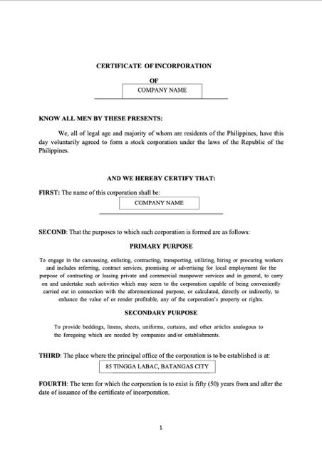Philippines Batangas certificate of incorporation Word and PDF template