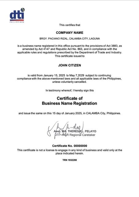 Philippines Calamba certificate of business name registration Word and PDF template