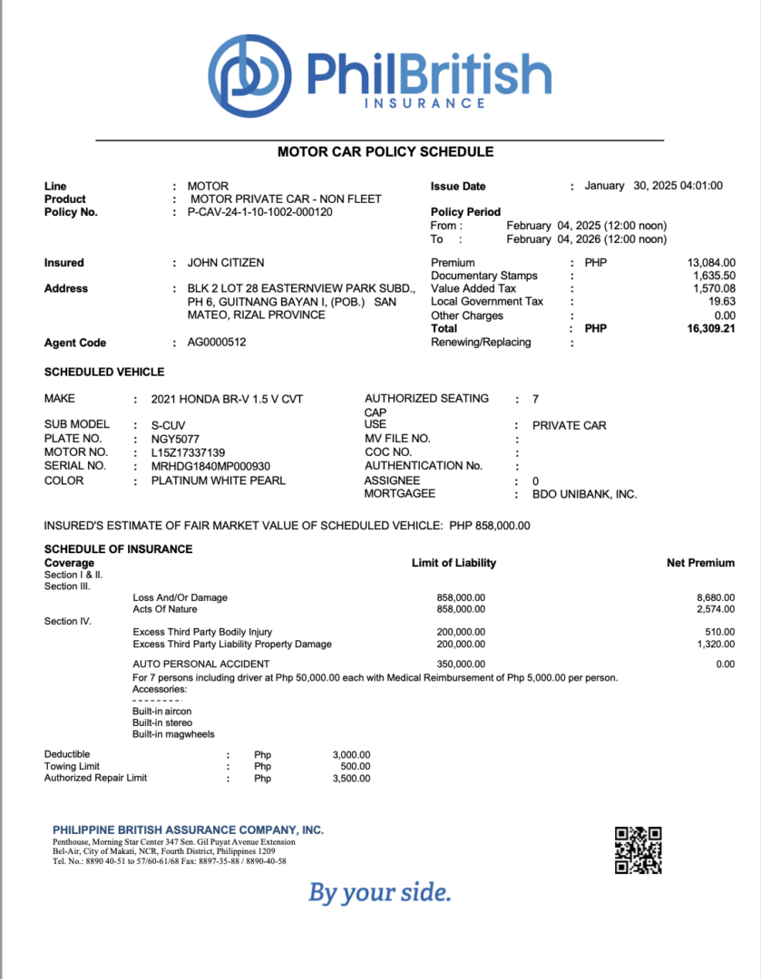 Philippines PhilBritish Insurance motor car policy schedule Word and PDF template