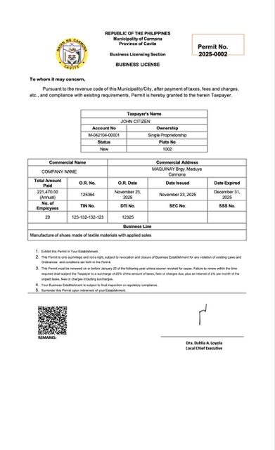 Philippines business license Word and PDF template