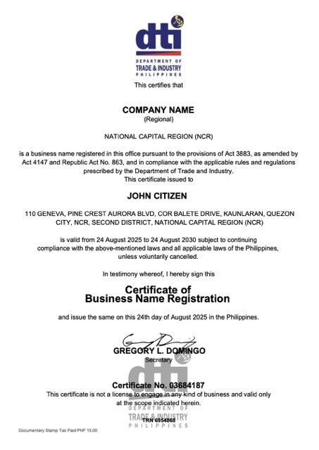 Philippines certificate of business name registration Word and PDF template, version 2