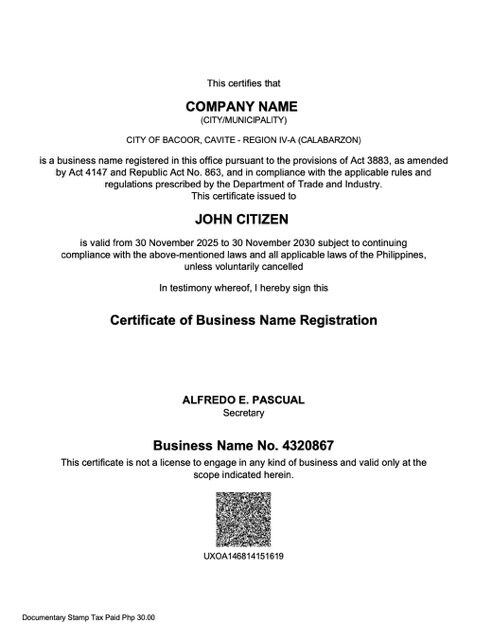 Philippines certificate of business name registration Word and PDF template