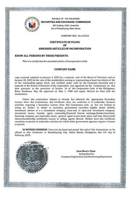 Philippines certificate of company incorporation Word and PDF template, version 2