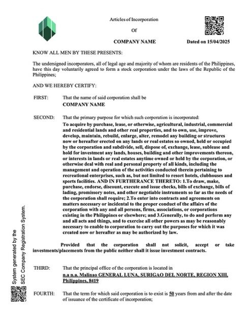 Philippines certificate of company incorporation Word and PDF template