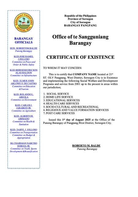 Philippines certificate of existence Word and PDF template