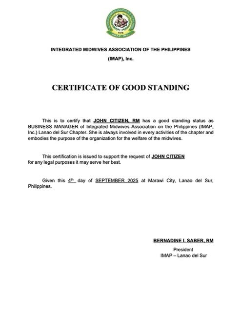 Philippines certificate of good standing Word and PDF template, version 2