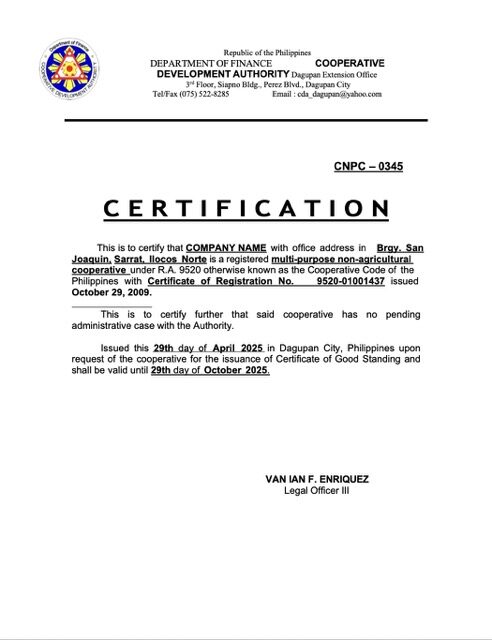Philippines certificate of good standing Word and PDF template, version 3