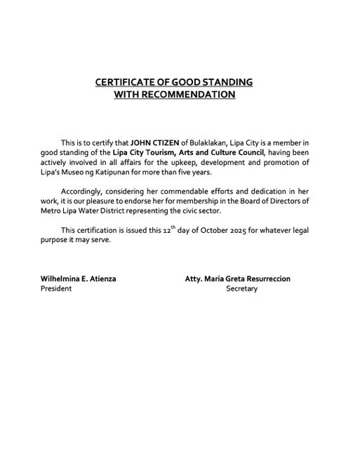 Philippines certificate of good standing Word and PDF template, version 9