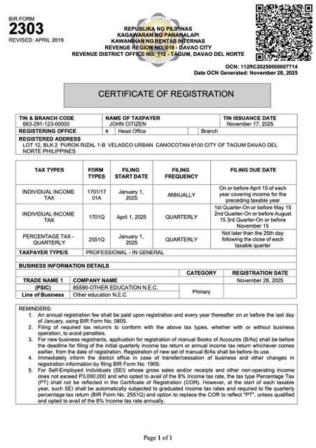 Philippines certificate of registration Word and PDF template, version 3