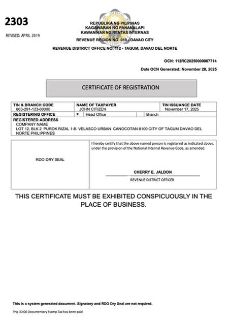 Philippines certificate of registration Word and PDF template, version 4