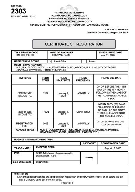 Philippines certificate of registration Word and PDF template