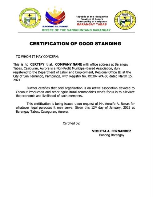 Philippines certification of good standing Word and PDF template, version 4