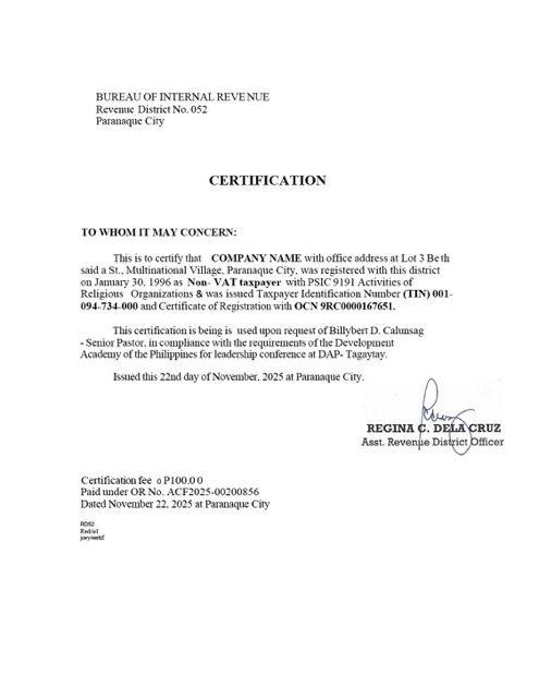 Philippines tax certification Word and PDF template