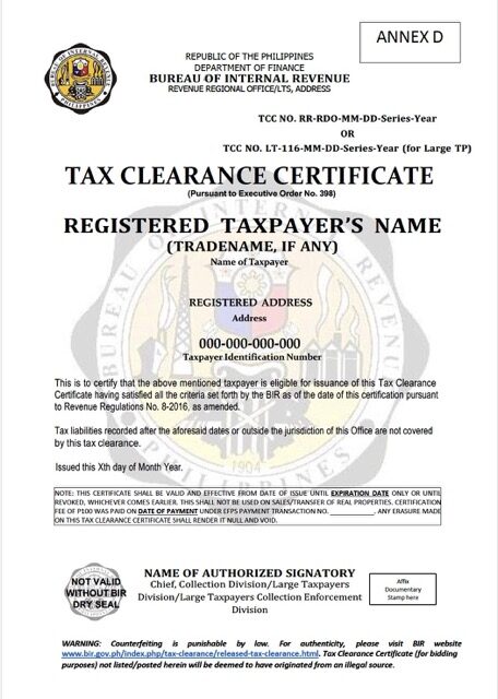 Philippines tax clearance certificate Word and PDF template