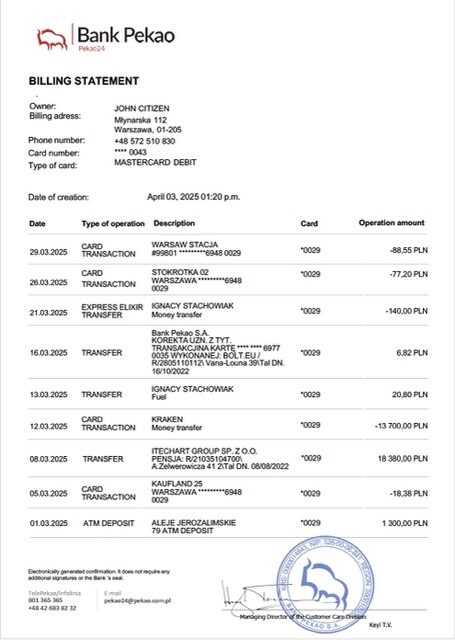 Poland Bank Pekao account statement Word and PDF template