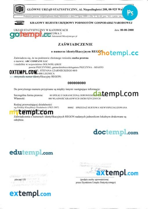 Poland Główny Urząd Statystyczny zaświadczenie (business registration certificate) PSD template