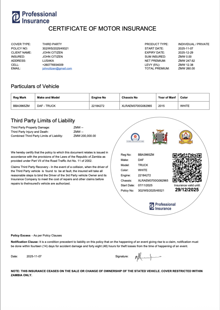 Professional Insurance Lusaka certificate of motor insurance Word and PDF template