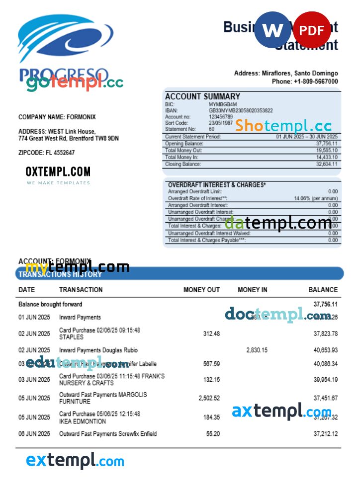 Progreso business account statement Word and PDF template