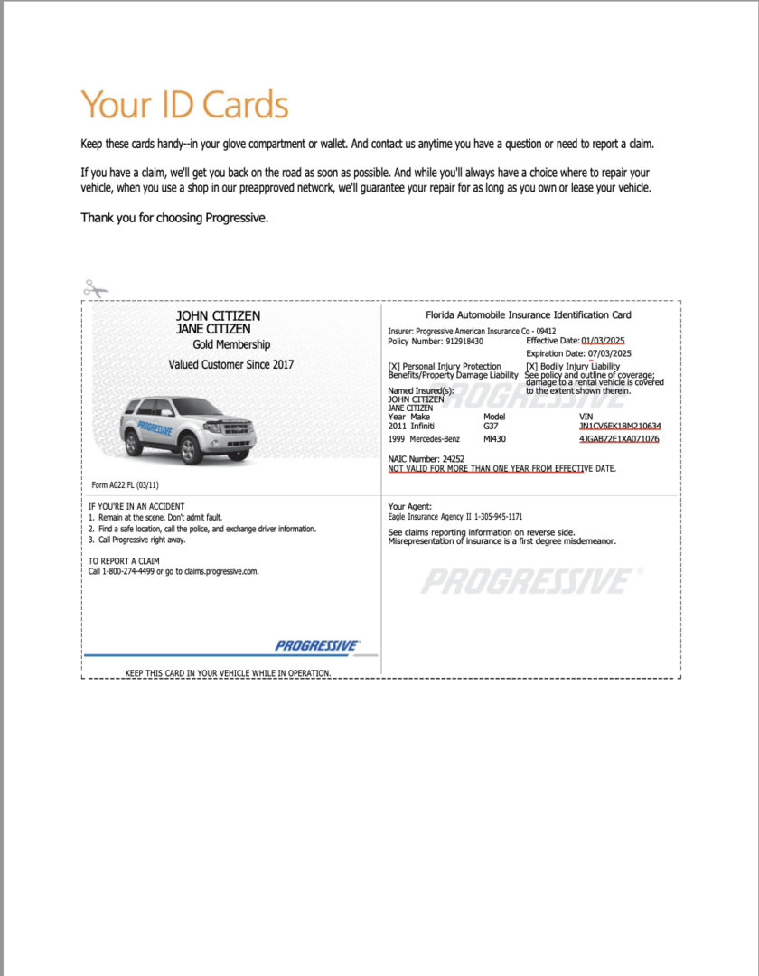Progressive Florida Automobile Insurance identification card Word and PDF template