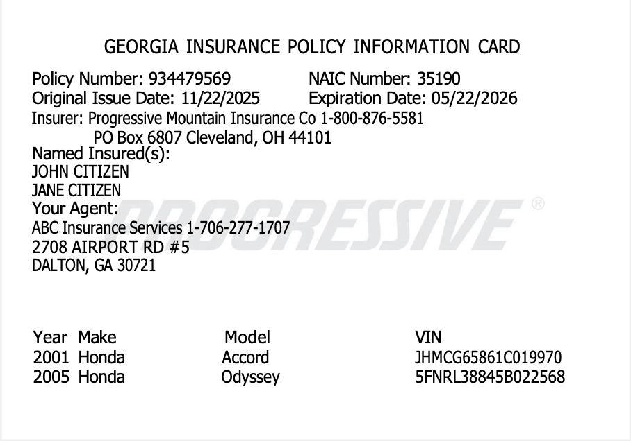 Progressive Georgia Insurance Policy information card Word and PDF template