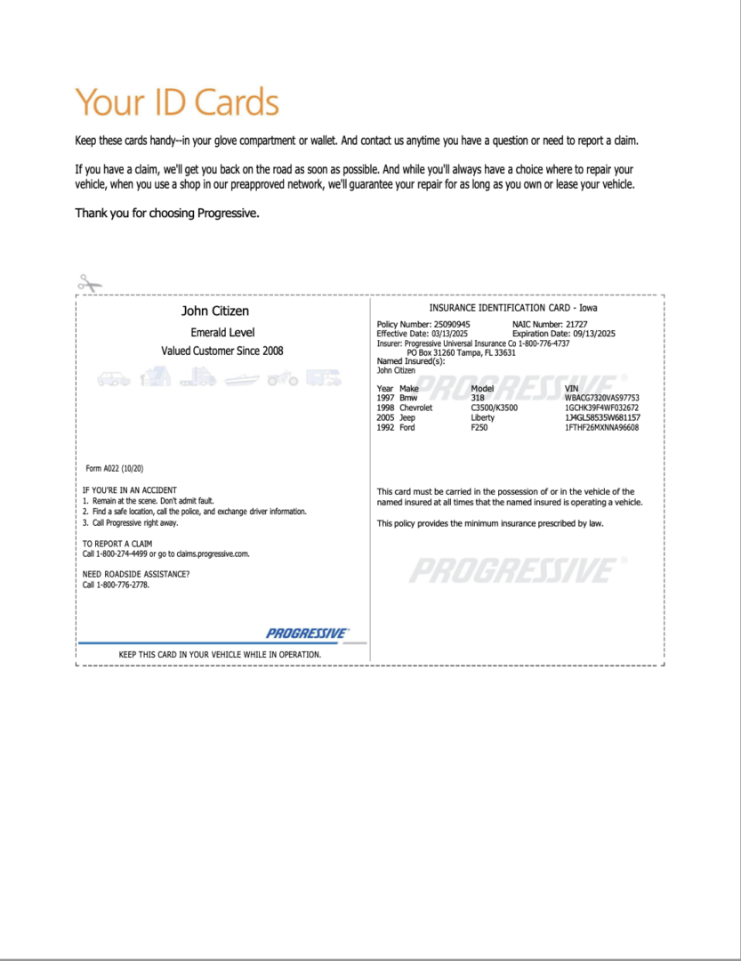 Progressive Iowa Insurance identification card Word and PDF template, version 2