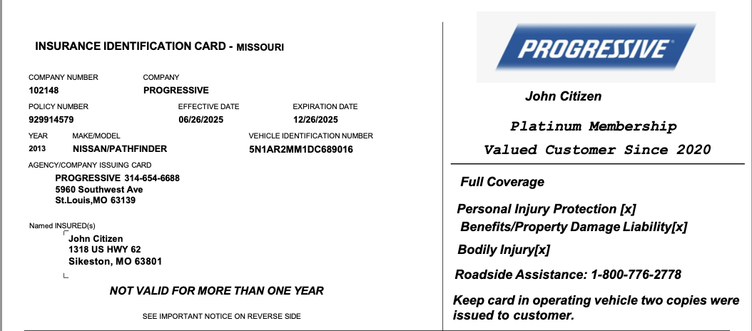 Progressive Missouri Insurance identification card Word and PDF template