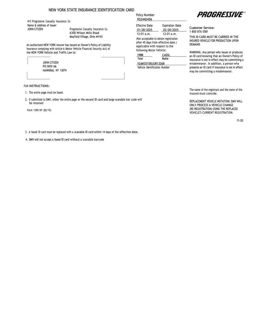 Progressive New York State Insurance identification card Word and PDF template