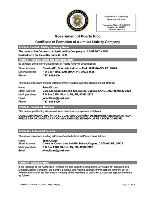 Puerto Rico certificate of formation of a limited liability company Word and PDF template, version 2