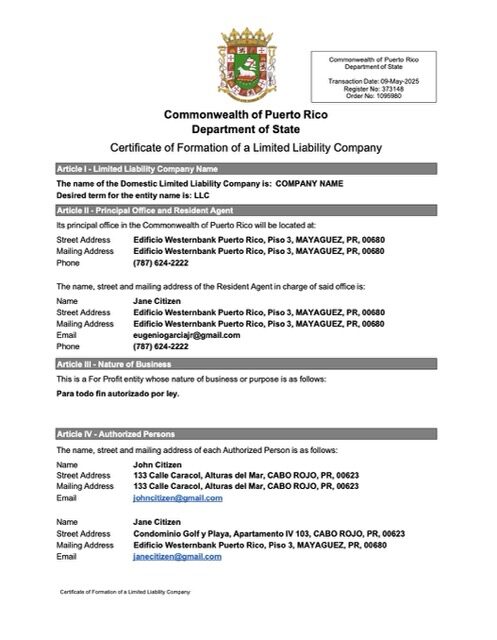 Puerto Rico certificate of formation of a limited liability company Word and PDF template