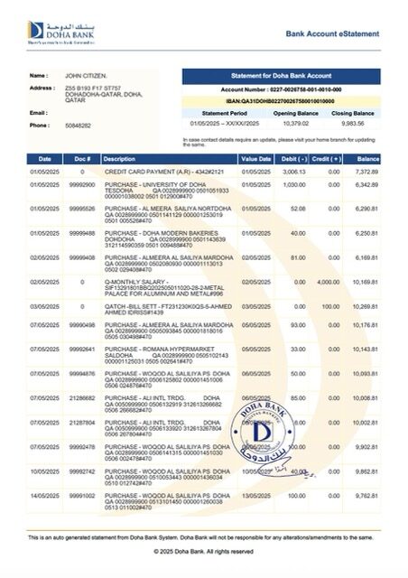 Qatar Doha Bank account e-statement Word and PDF template