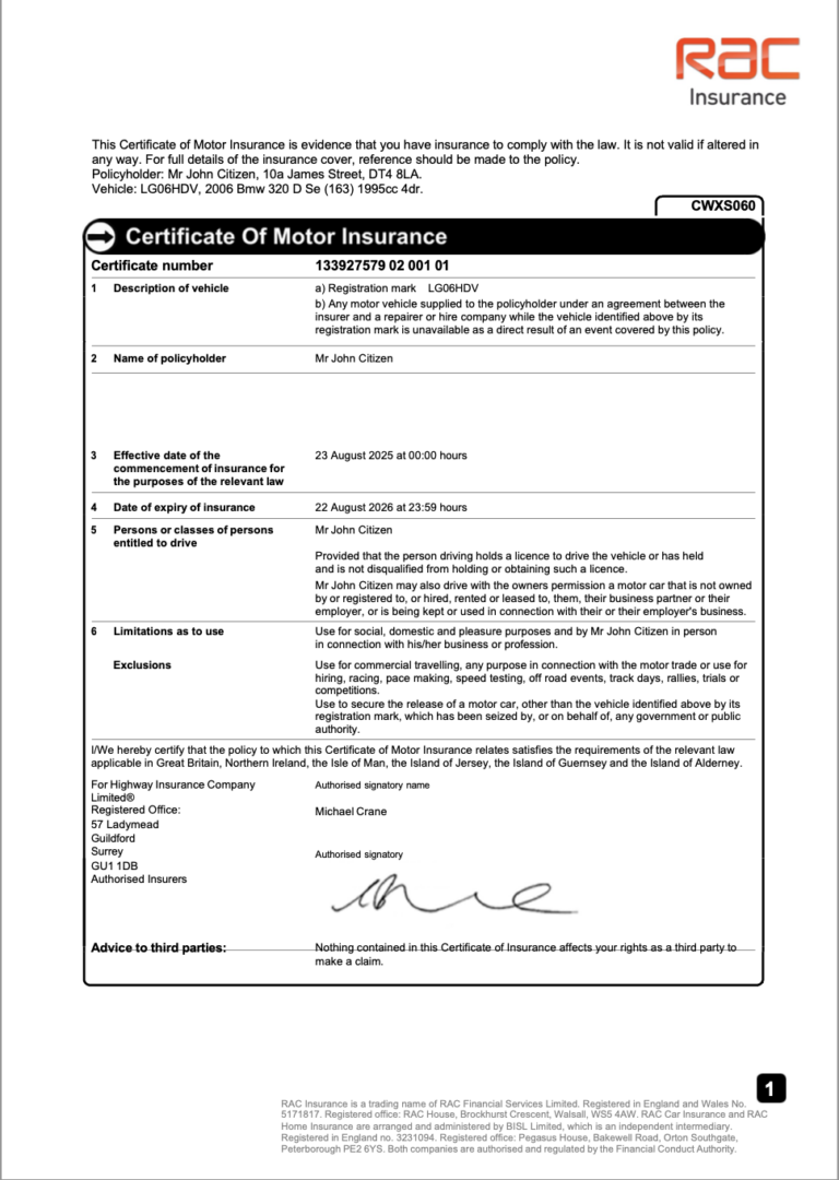 RAC Day Insurance UK certificate of motor insurance Word and PDF template, version 2