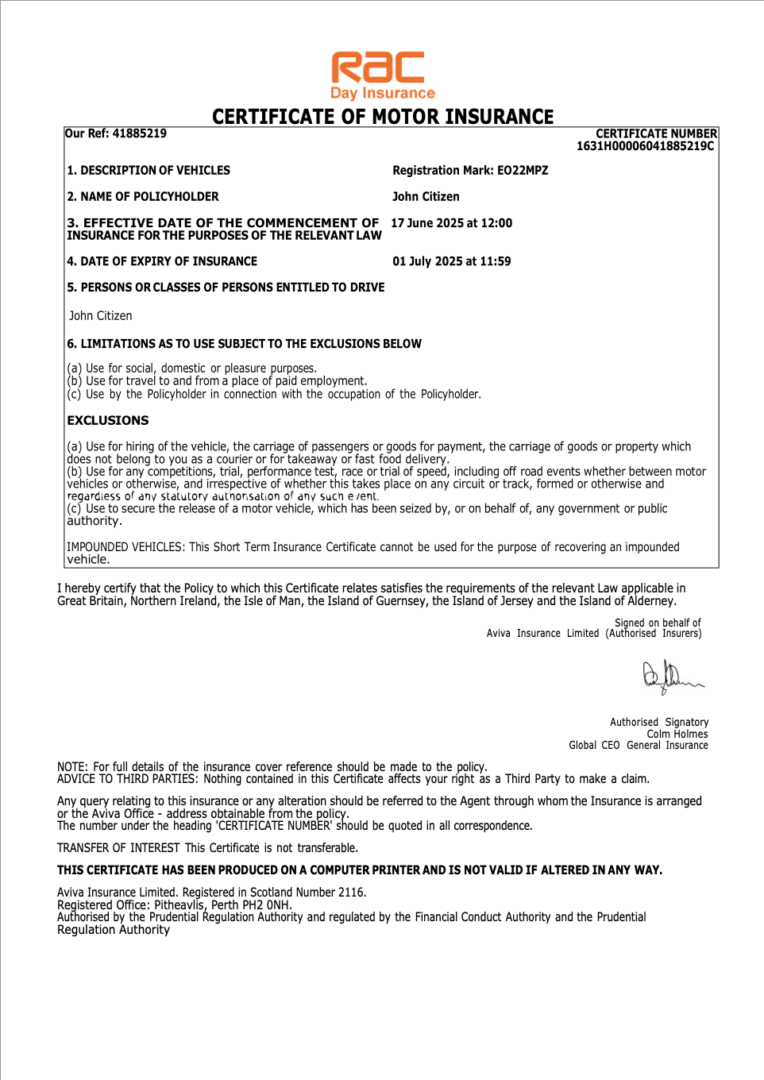 RAC Day Insurance UK certificate of motor insurance Word and PDF template