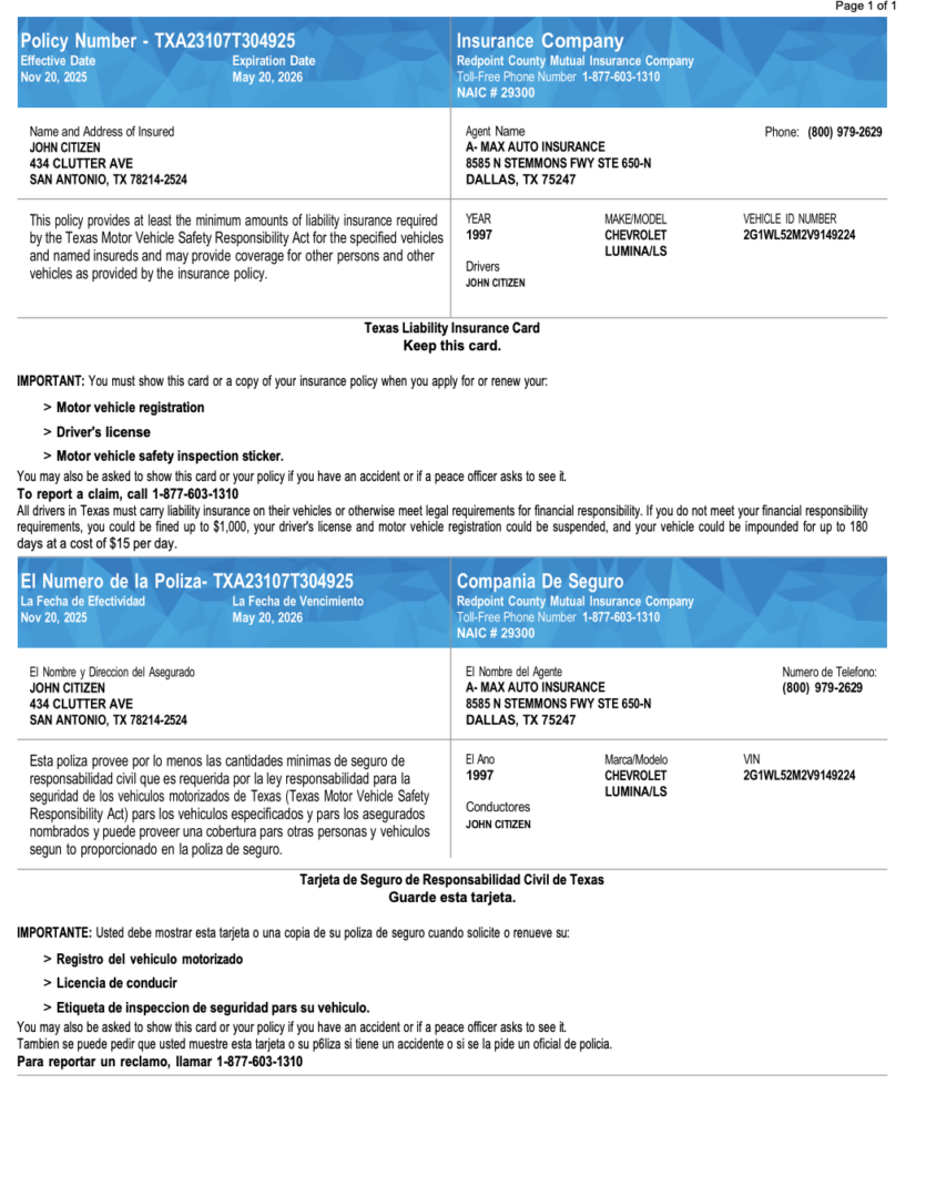 Redpoint County Mutual Insurance Company Texas Liability insurance card Word and PDF template, version 2