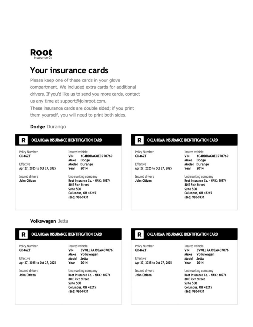 Root Insurance Oklahoma Insurance identification card Word and PDF template