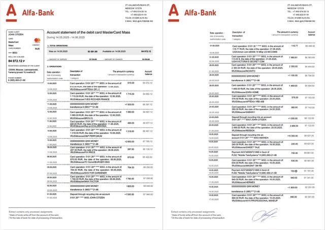 Russia Alfa Bank account statement Word and PDF template, 2 pages