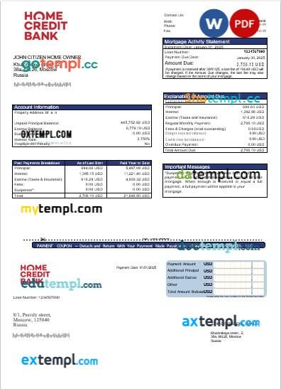 Russia Home Credit bank mortgage statement in Word and PDF formats