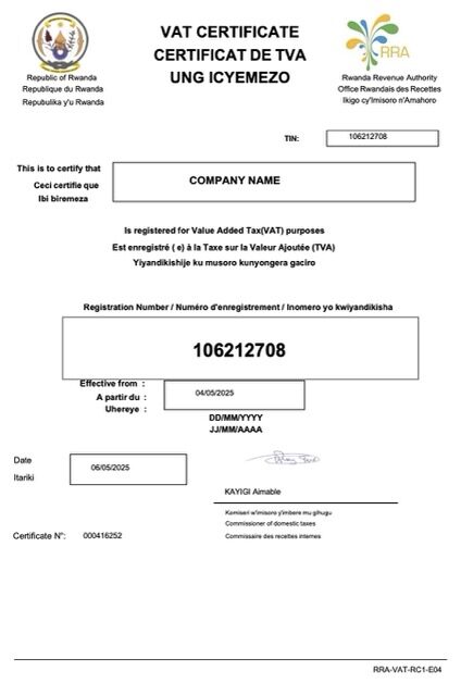 Rwanda VAT certificate Word and PDF template