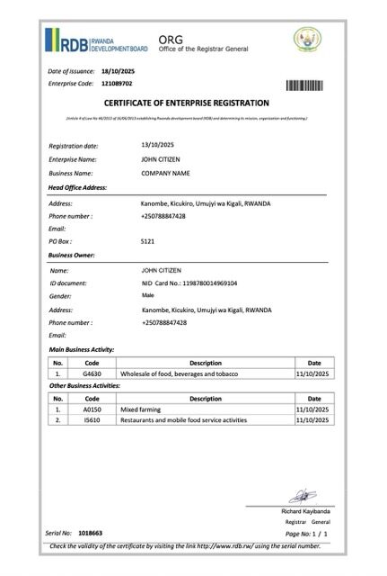 Rwanda certificate of enterprise registration Word and PDF template